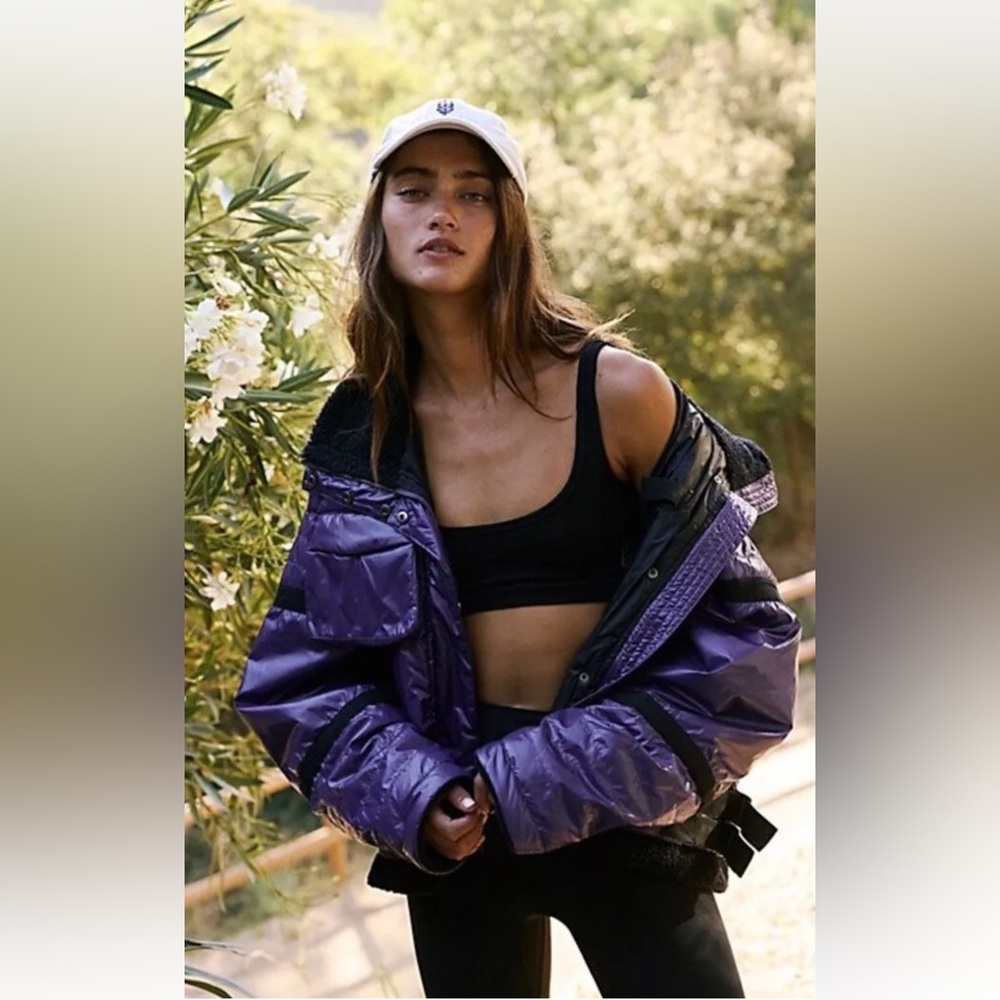 Free People Movement Vagabond Fleece Bomber Quilted Lined Fleece Trim Purple